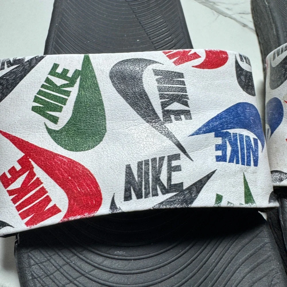 Nike Benassi JDI Print Slides Mens White Multi Color Logo Sandals 631261-101